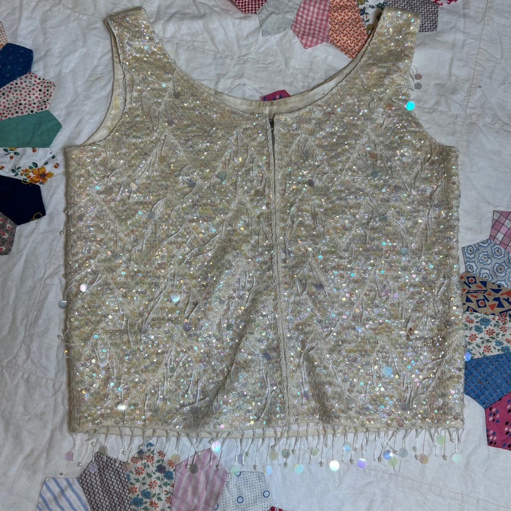 Vintage 60s Wool Sequin Beaded Shell Top Iridescent Cream Sleeveless Hong Kong S - Picture 5 of 10